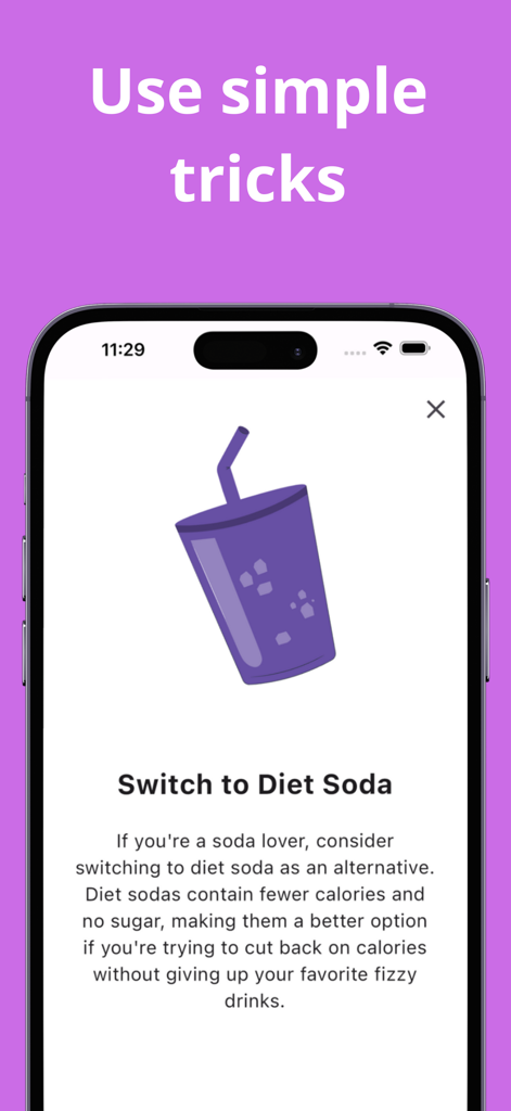 An iPhone screen from the ScaleTale app showing a weight loss tip to switch to diet soda with a simple soda cup illustration.