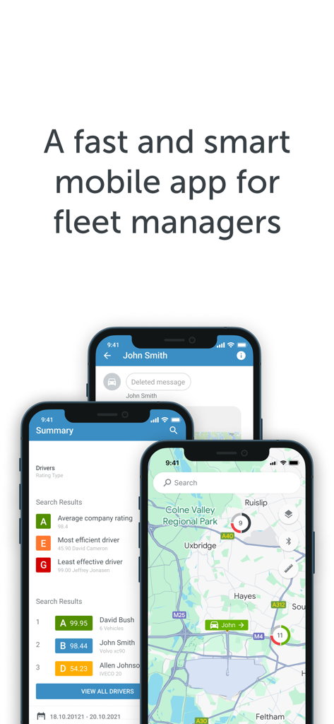 FMC - FMC mobile app for fleet managers displaying driver performance ratings and real-time GPS vehicle tracking