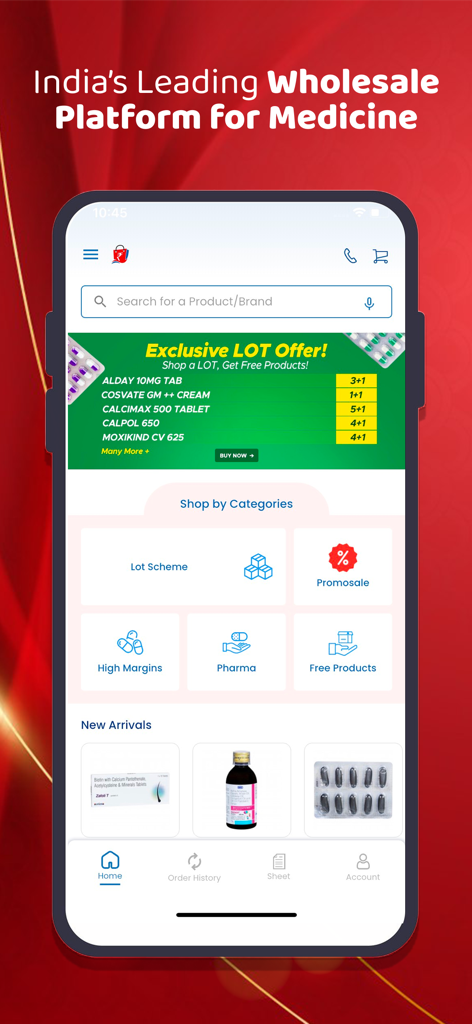 The home screen of the RetailerShakti app featuring wholesale medicine categories and promotional pharmacy offers