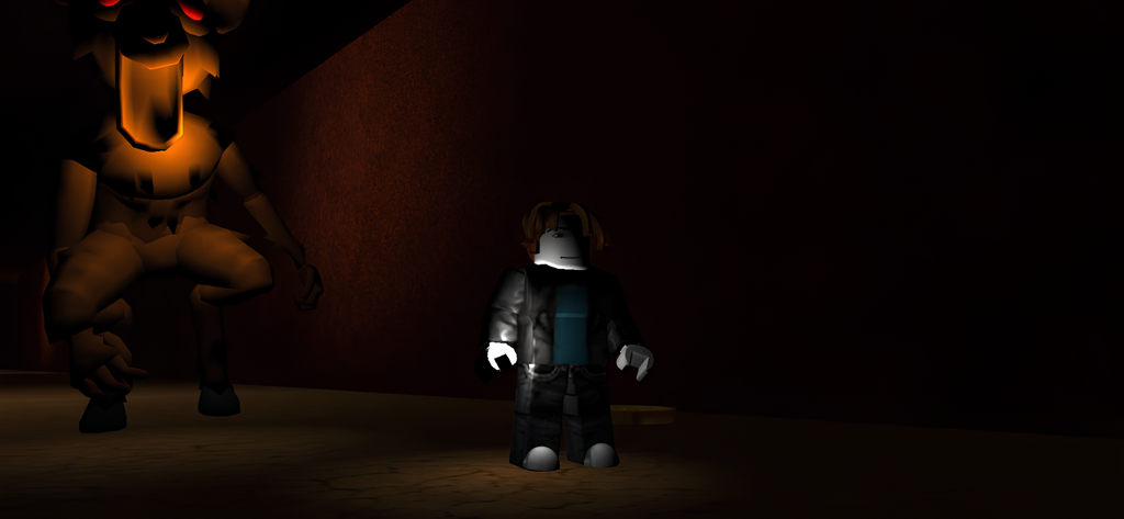 99 nights in the Scary forest - Un personaje con aspecto de bloque se encuentra en un pasillo oscuro con una gran criatura mutante de ojos brillantes acechando detrás.