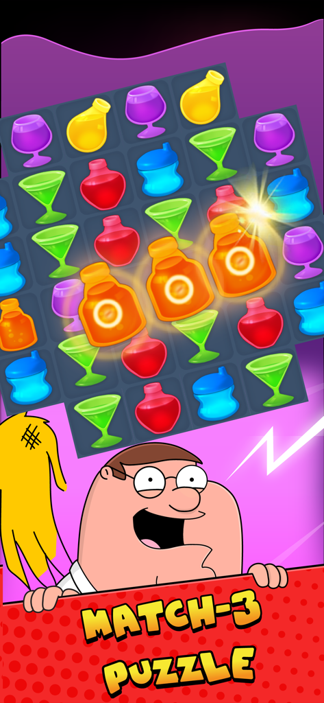 Jogabilidade do quebra-cabeça match 3 de Family Guy com Peter Griffin
