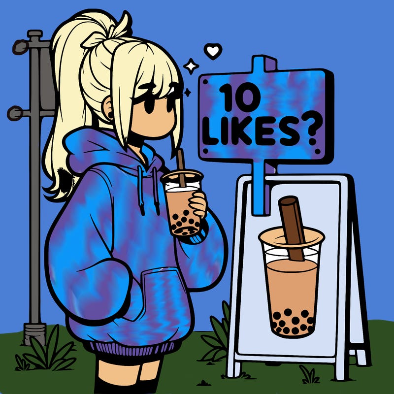 girl with oversized hoodie drinking boba and she has a high ponytail with a sign that says 10likes?