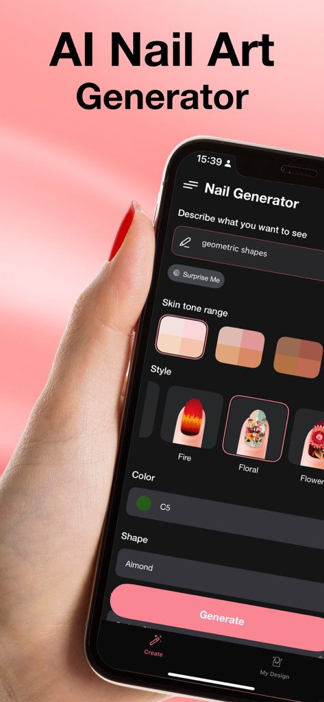 AI Nail Generator Nail Design - A person using the AI Nail Generator app to customize nail art styles and shapes on a smartphone interface
