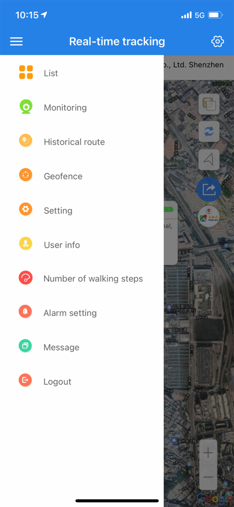 AHGUEPGPS - The navigation menu of the AHGUEPGPS app showing real-time tracking, historical route, and geofence settings over a satellite map view.