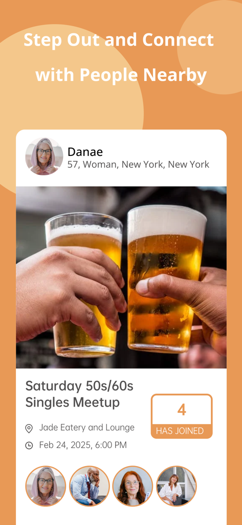 Family: Mature Dating & Chat - Una pantalla de la aplicación de citas Familia que muestra un evento de encuentro de solteros del sábado para personas de entre 50 y 60 años.