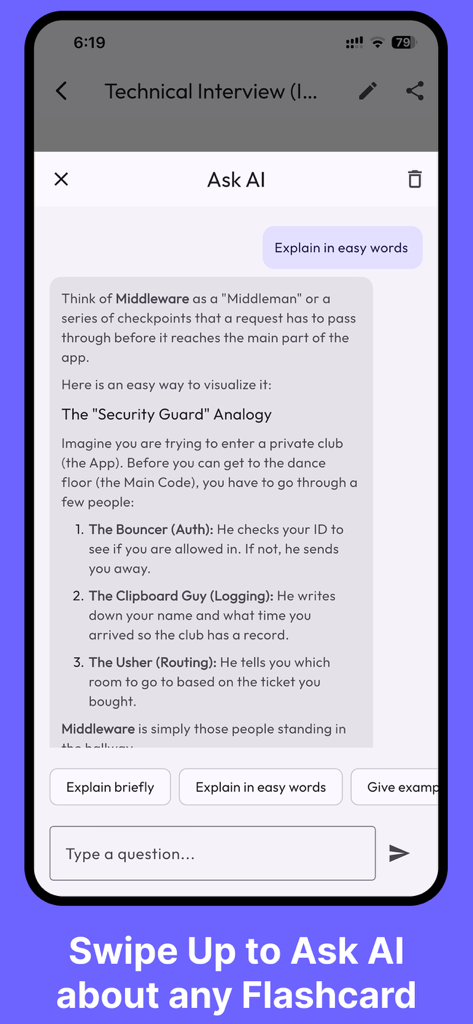 AI Flashcards - Smart Study - AI Flashcards app interface showing an AI tutor providing an easy explanation of a technical concept through an analogy