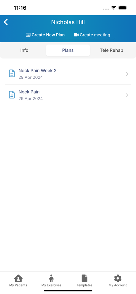 Rehab My Patient - Mobile app screen showing a list of rehabilitation plans for a patient including neck pain exercises