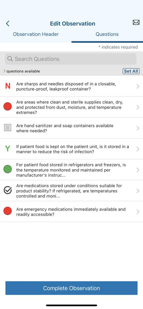 JCI AMP - Screenshot of the JCI AMP app showing a healthcare facility observation checklist with safety compliance questions