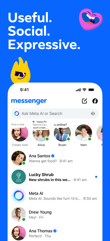 Messenger-App-Startbildschirm mit Chatliste und Freundenotizen