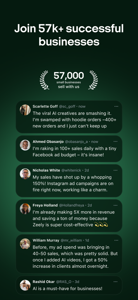 Ein Bildschirm zeigt Social Proof mit Testimonials von über 57.000 Kleinunternehmen, die Zeely für KI-Umsatzwachstum nutzen