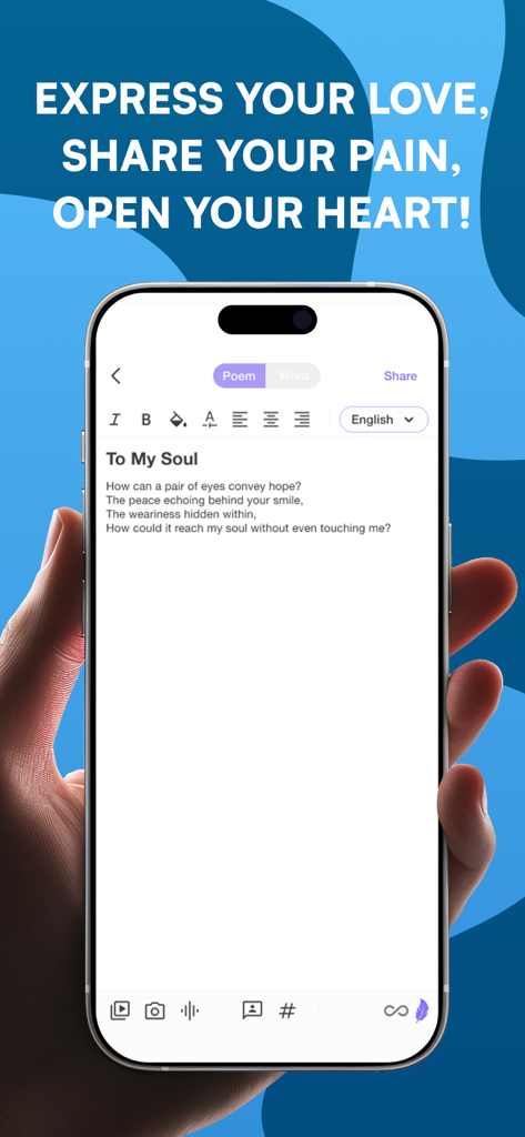 Hand holding a smartphone displaying the Poemia app poetry editor with an original poem