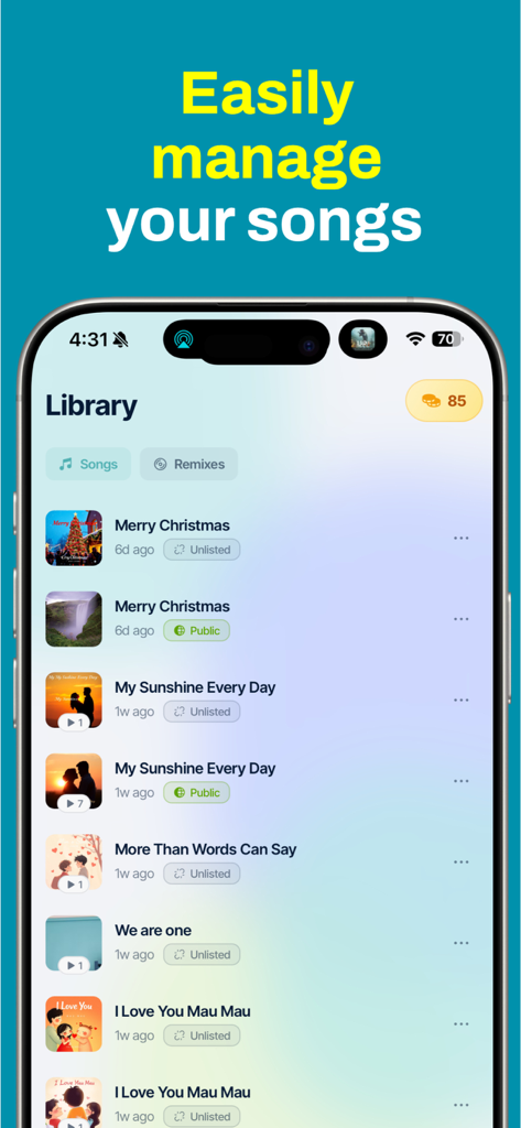 AI Song Generator - Neume - A mobile interface of the Neume app showing a library of generated AI songs with titles like Merry Christmas and My Sunshine Every Day