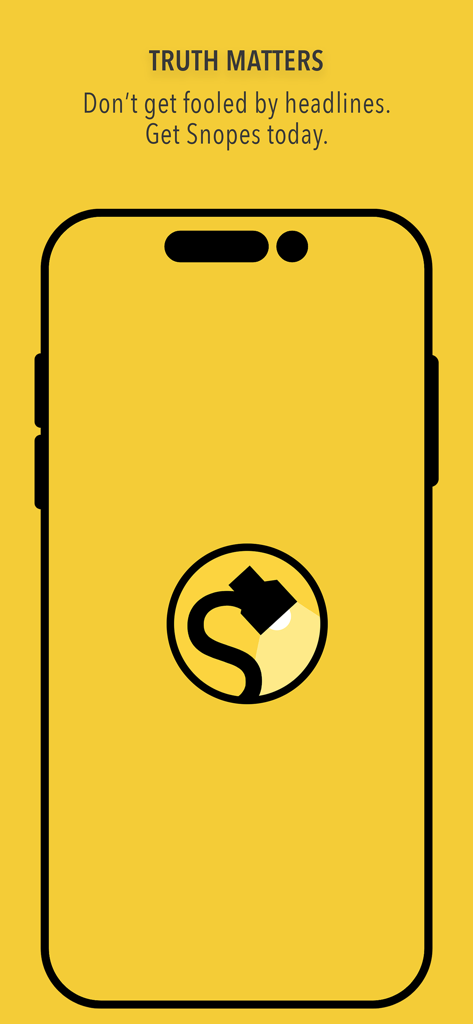 Snopes - Snopes app introductory screen with the slogan Truth Matters and the brand logo on a yellow background.