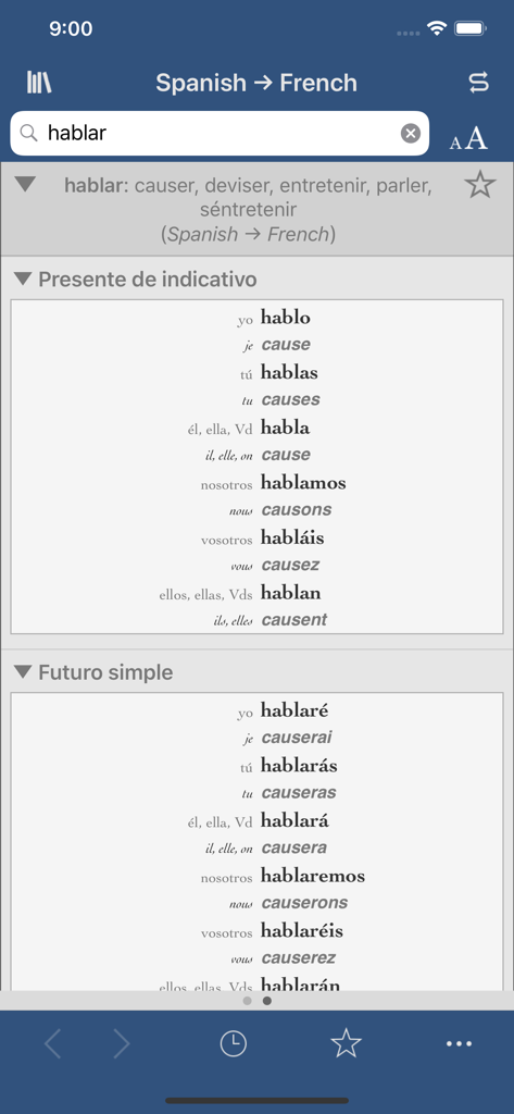 Interface showing Spanish and French verb conjugations for the word hablar in the Ultralingua app.