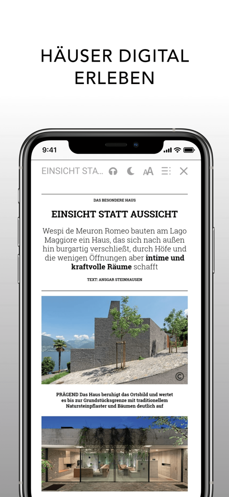 Screenshot of Häuser Magazin app displaying a digital architecture article on a smartphone.