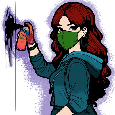 realistic girl with mask spray painting a wall