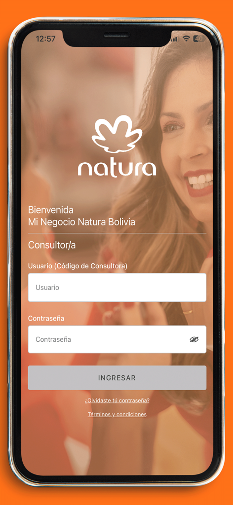 Mi Negocio Natura Bolivia - Pantalla de inicio de sesión de la app Mi Negocio Natura Bolivia para consultoras independientes.
