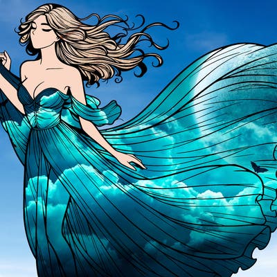 realistic woman in dress flowing the the wind