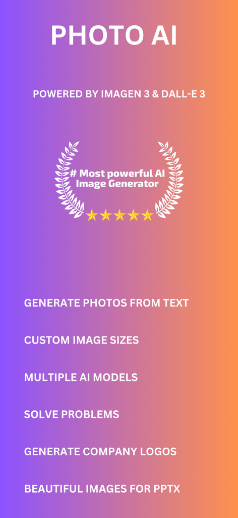 Photo AI: Image Maker - Photo AI app feature highlights for image generation from text powered by Imagen 3 and DALL-E 3