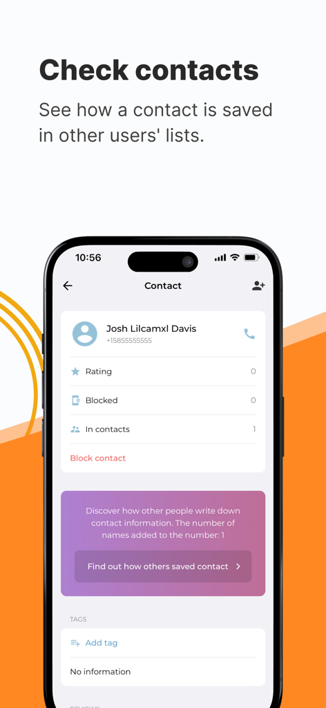 他のユーザーのリストに連絡先がどのように保存されているかを示すWhoTamアプリ画面。