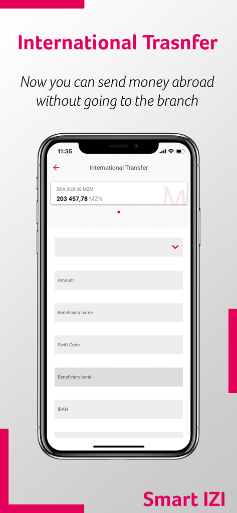 Millennium bim Smart IZI - Pantalla de la aplicación móvil Smart IZI para transferencias bancarias internacionales que muestra los campos de monto y beneficiario.