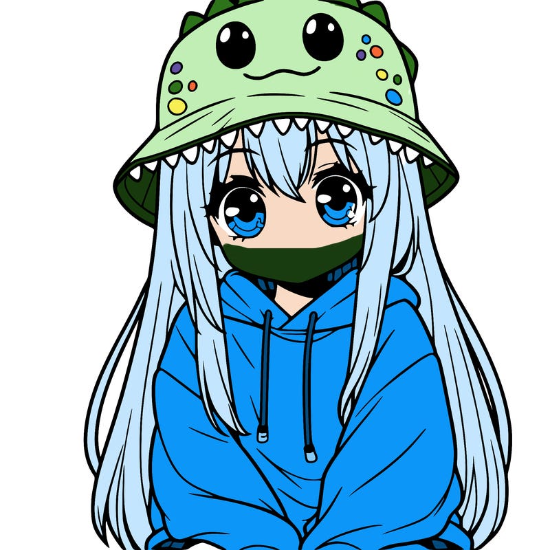 girl with anime shaped eyes with a dinosaur bucket hat oversized sweatshirt long straight hair