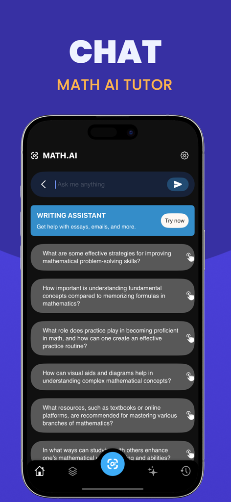 Photo Math Solver - Math.AI - Interfaz de chat de la aplicación Math.AI con un tutor de IA y un asistente de escritura para ayuda con las tareas.
