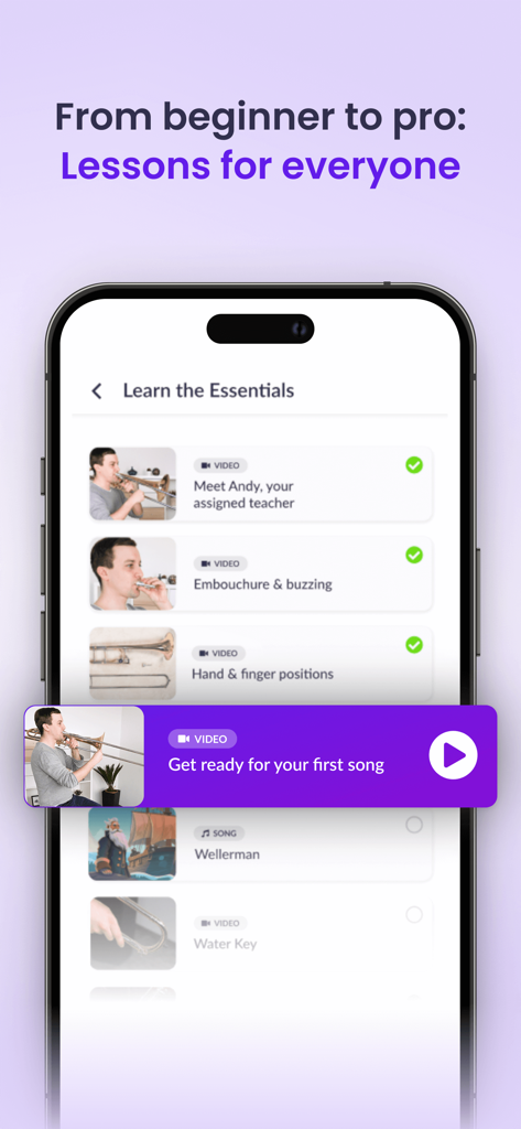 tonestro - Music Lessons - Mobile screen displaying tonestro music lessons and video tutorials for all skill levels