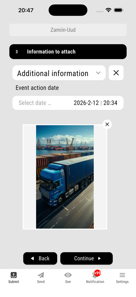 Obortech Smart Hub Mobile App-Oberfläche zum Anhängen von Fotos von Sendungen und Aktionsdaten für Ereignisse