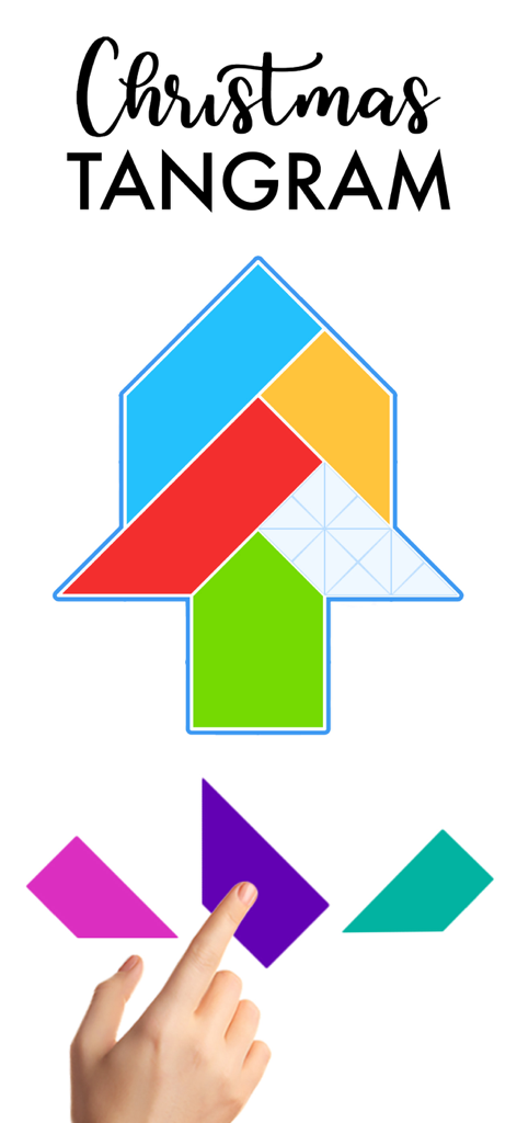 Christmas Games. - A hand moving a purple puzzle piece to complete a colorful tangram shape in a Christmas game.