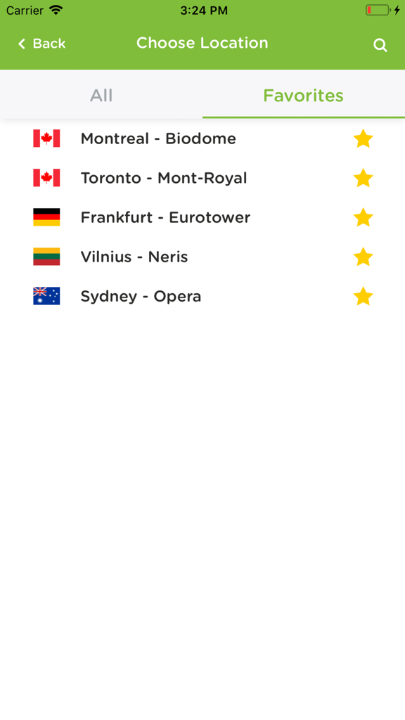 HideIPVPN app interface showing a list of favorite server locations in Canada Germany Lithuania and Australia