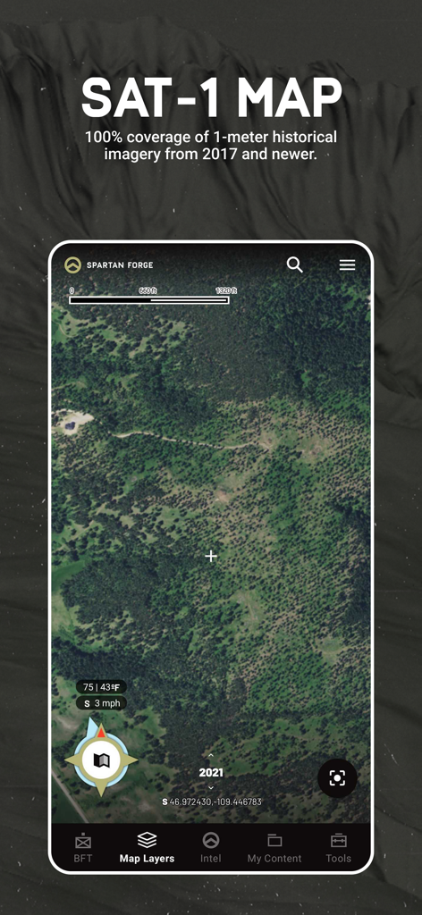 Spartan Forge Hunt app interface displaying a high-resolution SAT-1 historical satellite map of a forested area
