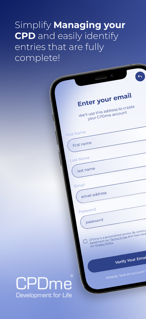CPD Portfolio - CPD Portfolio app registration screen for user sign up with name and email fields
