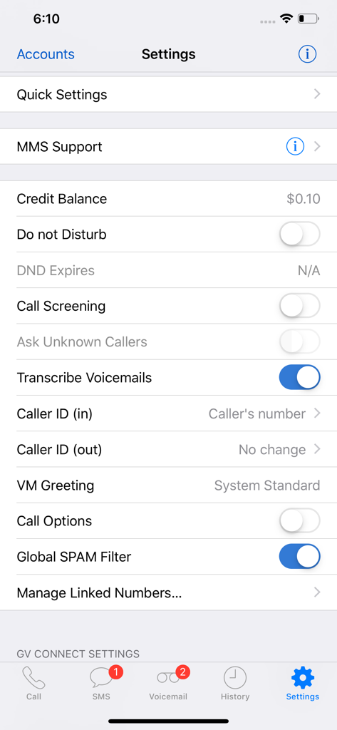 Settings menu of GV Connect app showing Google Voice account management options.
