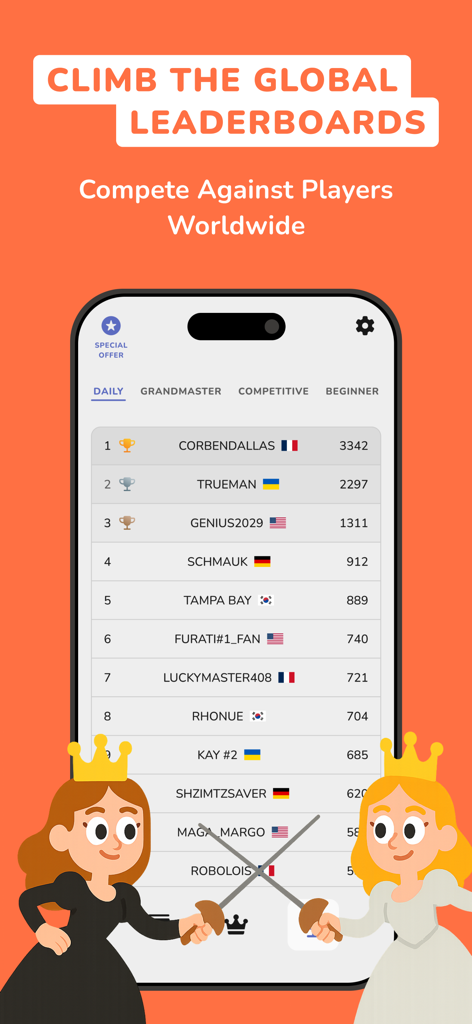 Queens: Board Puzzle Games - Pantalla de tabla de clasificación global que muestra las clasificaciones de los jugadores y reinas compitiendo en el juego Queens Puzzle