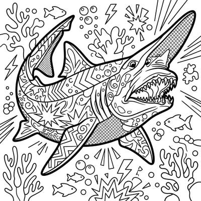 Encounter the fascinating goblin shark like never before, reimagined in a vibrant Pop Art style. This unique coloring page combines intricate patterns with a dynamic deep-sea scene, perfect for an exciting artistic challenge.