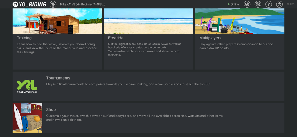 YouRiding - Surf and Bodyboard - Main menu of YouRiding Surf and Bodyboard app displaying Training, Freeride, Multiplayer, Tournaments, and Shop options.