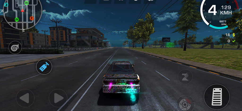 Xtreme Wheels - A customized car with neon underglow driving through a city at night in Xtreme Wheels