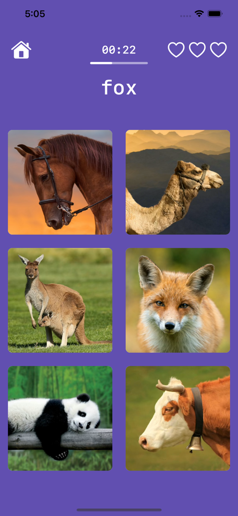 Learn English Playing Big Ben - A screenshot of Big Ben English app vocabulary game where the user must select the correct image for the word fox from a grid of animals.