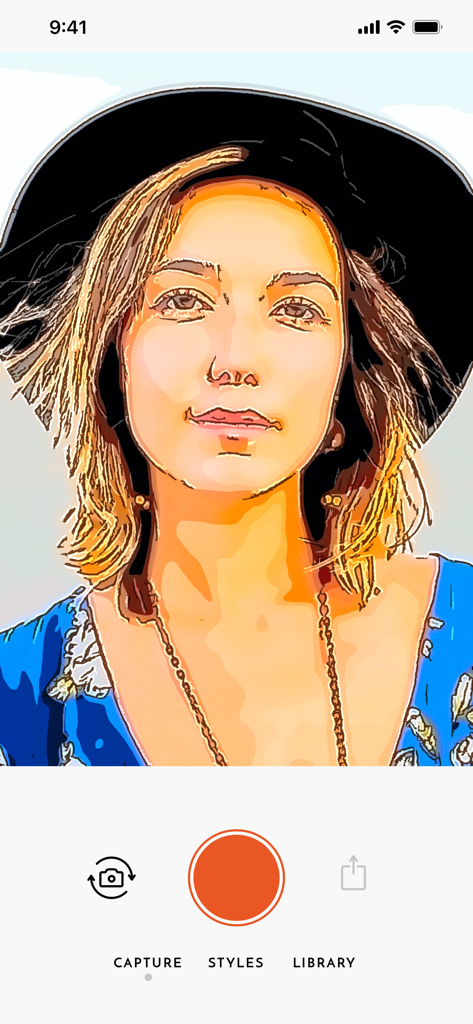 A hand-drawn artistic portrait of a woman in a hat created using the Olli by Tinrocket mobile app.