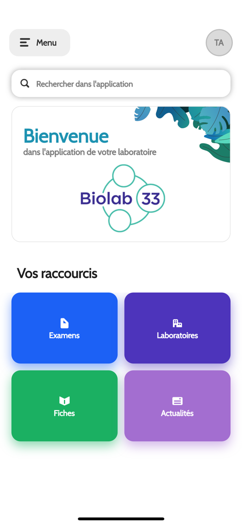 Biolab 33 - Home screen of the Biolab 33 mobile application with shortcuts to medical exams and laboratories