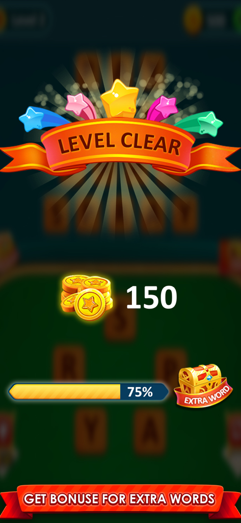 Word Game 2026: Word Connect - Level clear screen in word connect game showing 150 gold coins and extra word bonus