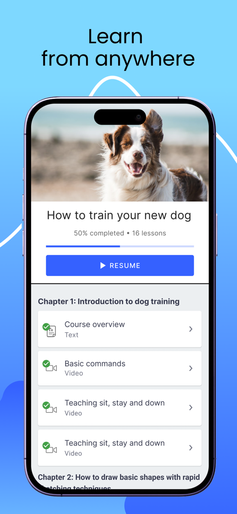 Thinkificアプリのインターフェースを表示するスマートフォン。犬のトレーニングコースの進捗バーとレッスンのリストが表示されている。