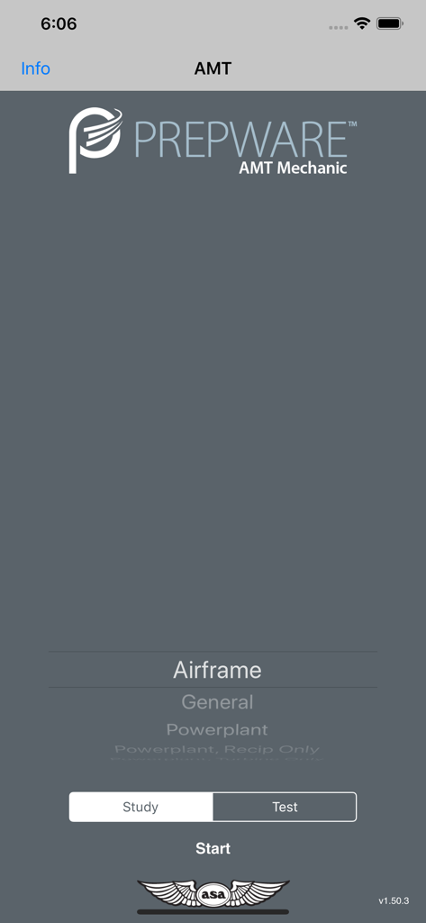 Prepware Aviation Maintenance - Main menu of the Prepware AMT Mechanic app with options for Airframe General and Powerplant study modes