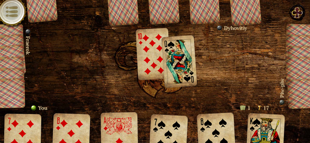 Kozel HD Online Card Game - 가상 나무 테이블에서 Kozel HD 카드 게임을 플레이하는 네 명의 플레이어.