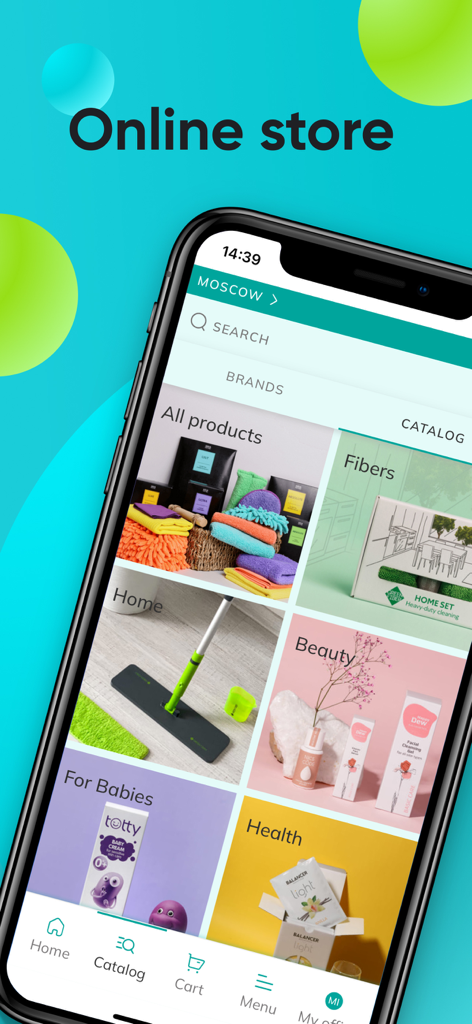 Interface do aplicativo Greenway Global mostrando o catálogo da loja online com várias categorias de produtos ecológicos