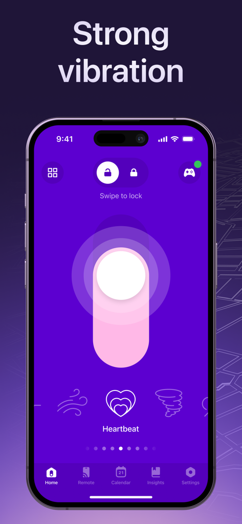 Un écran de smartphone montrant l'interface de l'application Masseur avec un motif de vibration de battement cardiaque sélectionné pour le soulagement musculaire.