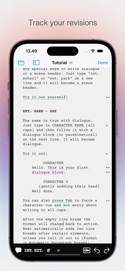 (beat) for iOS - Interface de rastreamento de revisão de roteiro no Beat para iOS mostrando edições e marcações do roteiro.