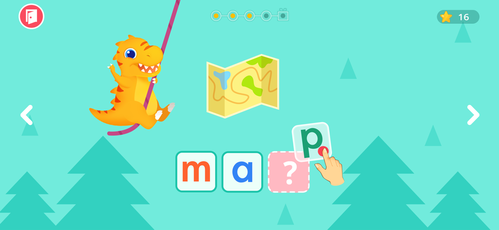 Ein Dinosaurier schaut zu, wie eine Hand den Buchstaben p zieht, um das Wort Karte in einem CVC-Rechtschreibspiel zu vervollständigen.