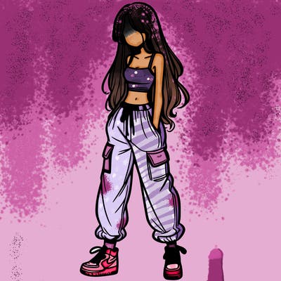 girl in baggy pants crop top and long hair